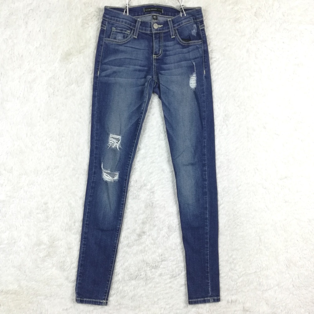Flying Monkey Womens Jeans Skinny Platinum Blue Denim Distressed Low‎ Rise 25